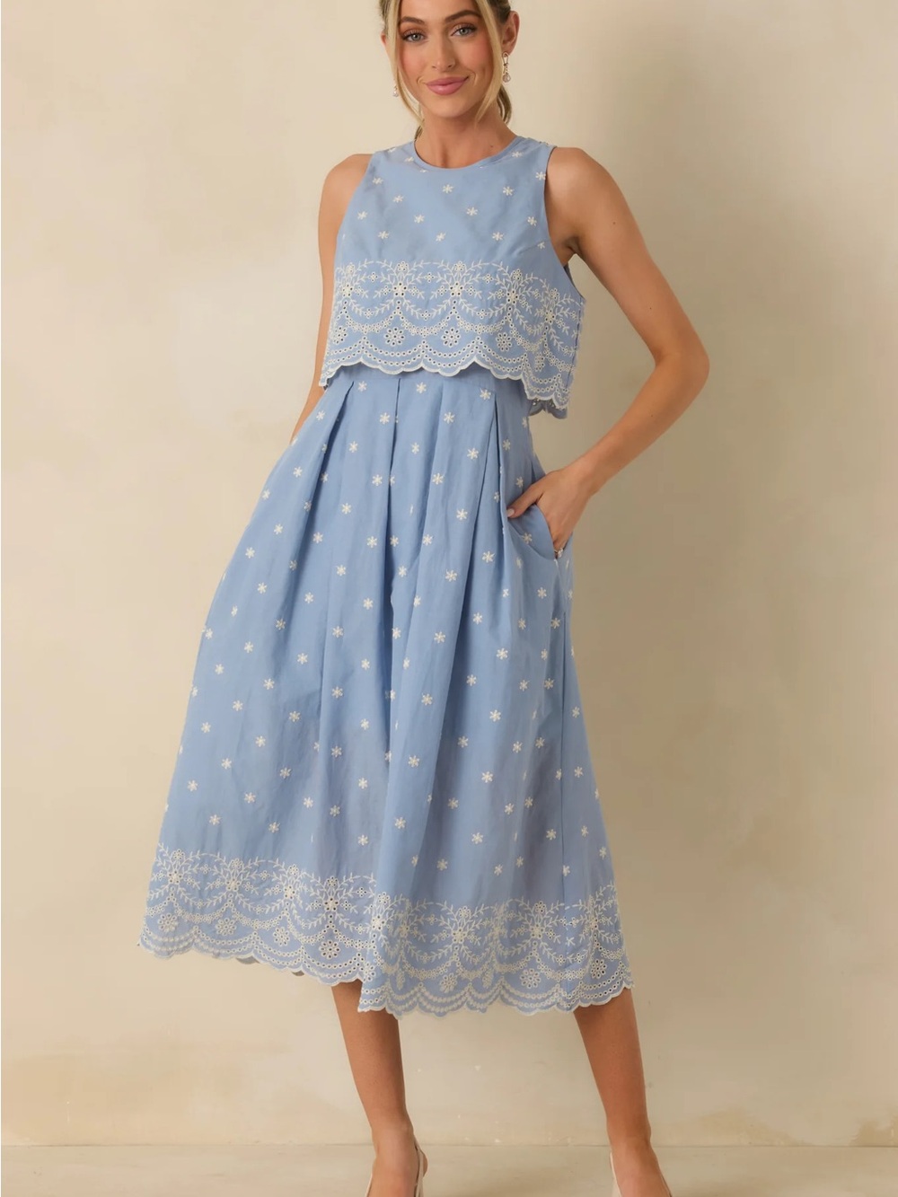Light Blue Sleeveless Eyelet Midi Dress with Scalloped Hem